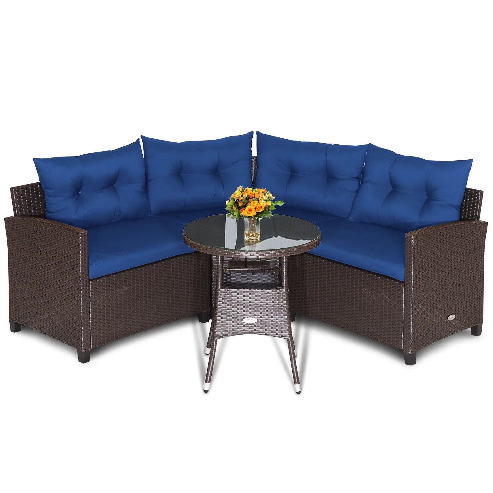 4 Pieces Patio Rattan Furniture Set Cushioned Sofa Glass Table by DirectDeals
