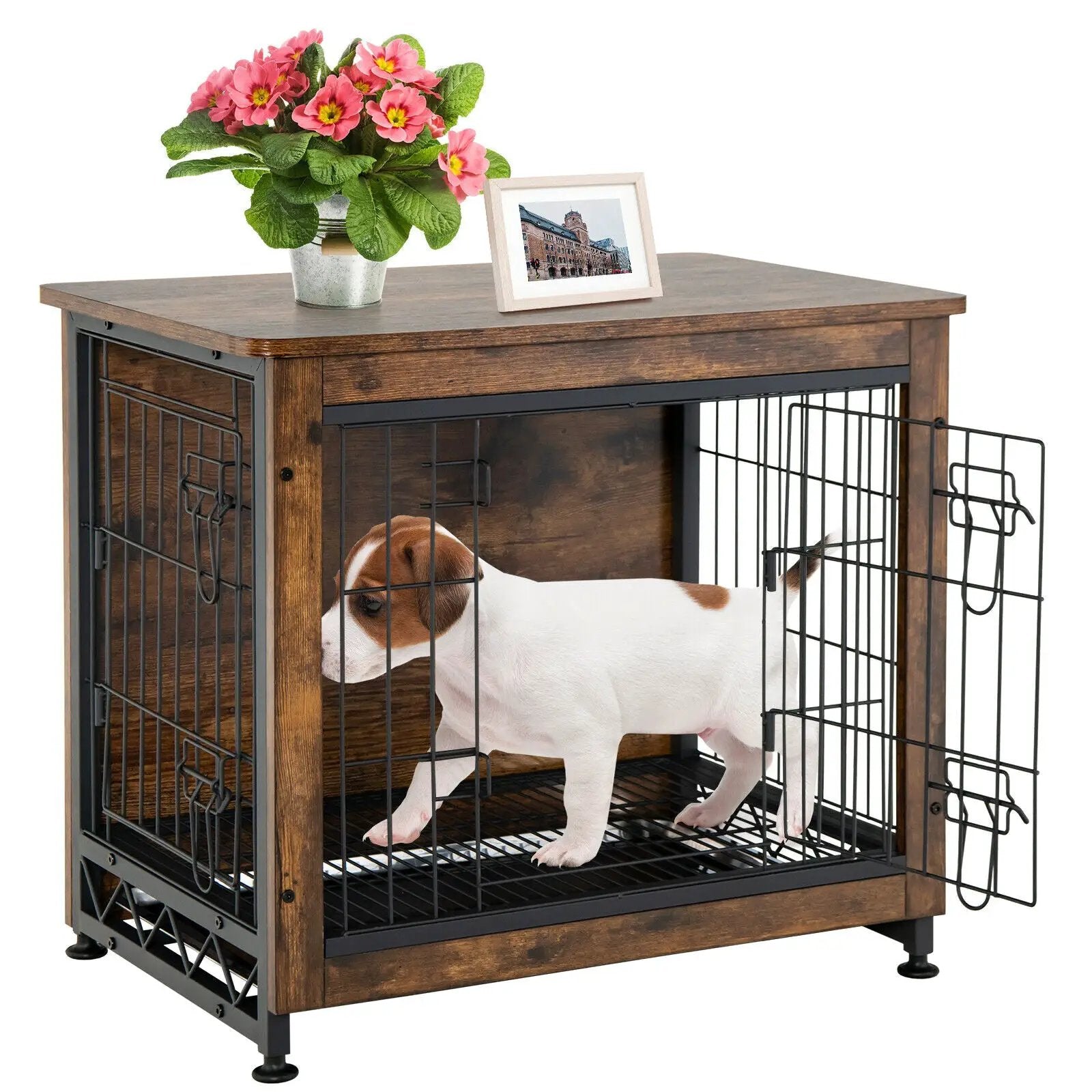 Wooden Dog Crate Furniture with Tray and Double Door-Brown by DirectDeals