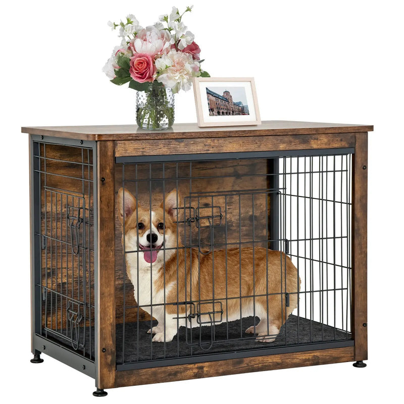 Wooden Dog Crate Furniture with Double Door and Tray-Brown by DirectDeals