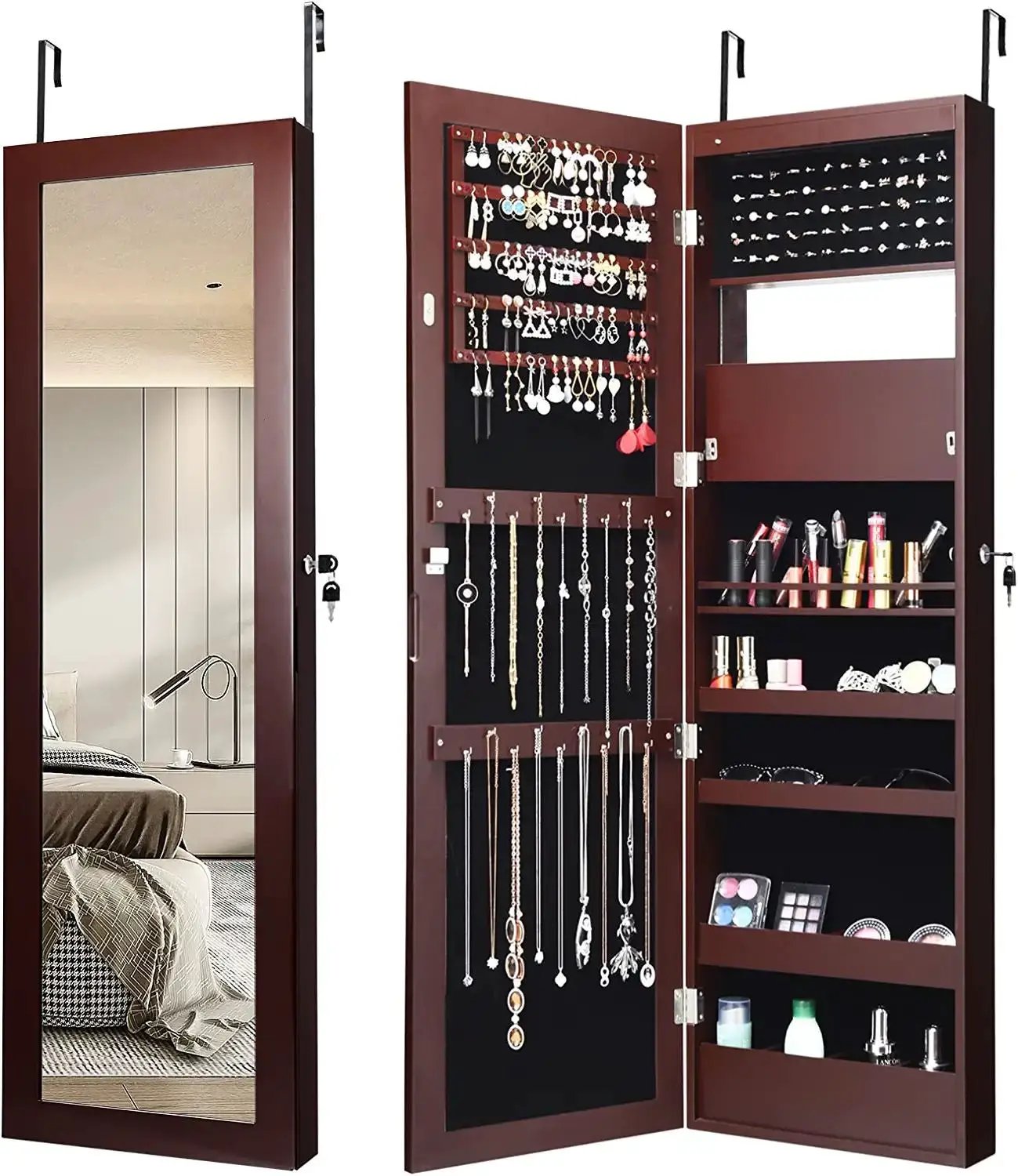Lockable Wall Door Mounted Mirror Jewelry Cabinet w/LED Lights by DirectDeals