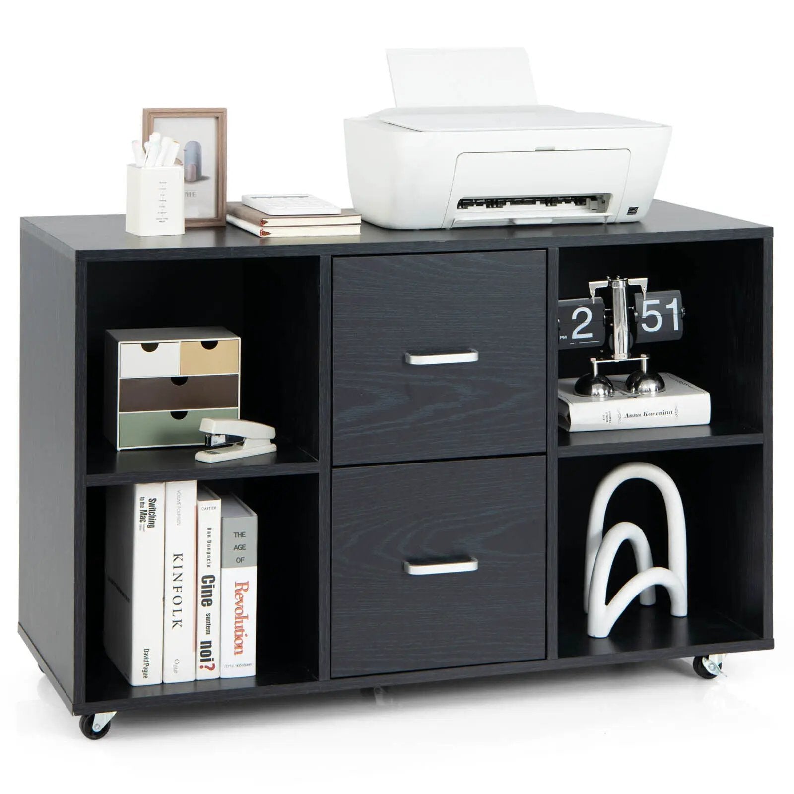 2 Drawer Wood Mobile File Cabinet with 4 Open Compartments-Black by DirectDeals