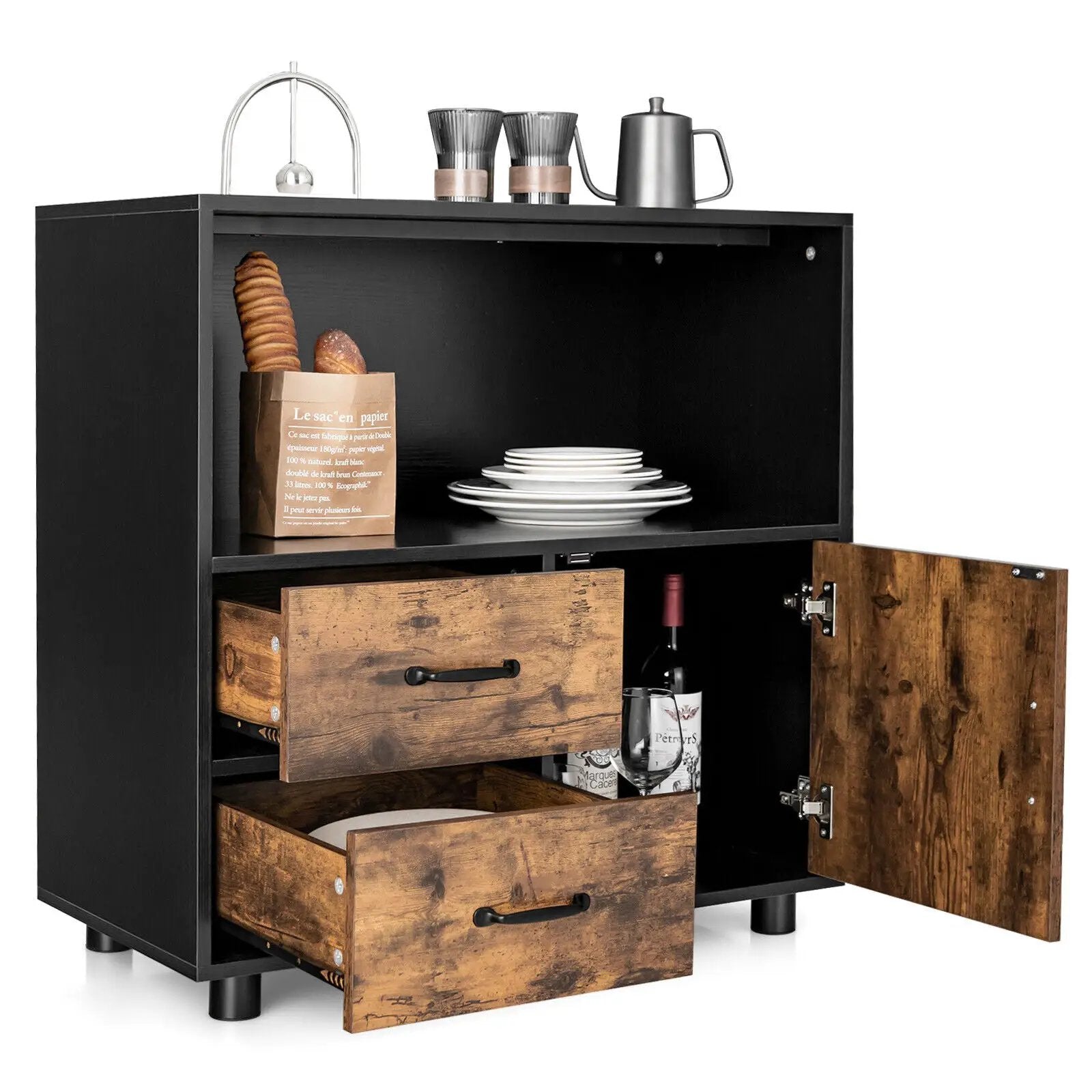 Kitchen Storage Buffet Sideboard with Wine Rack and Glass Holder-Black by DirectDeals