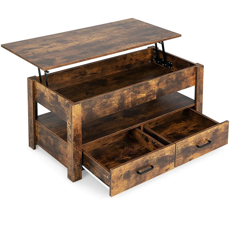 Lift Top Coffee Table with 2 Storage Drawers and Hidden Compartment-Rustic Brown by DirectDeals