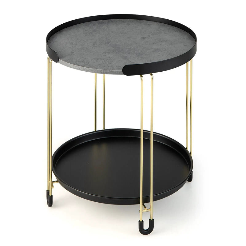 2-Tier Round Side Table with Removable Tray and Metal Frame for Small Space-Golden by DirectDeals