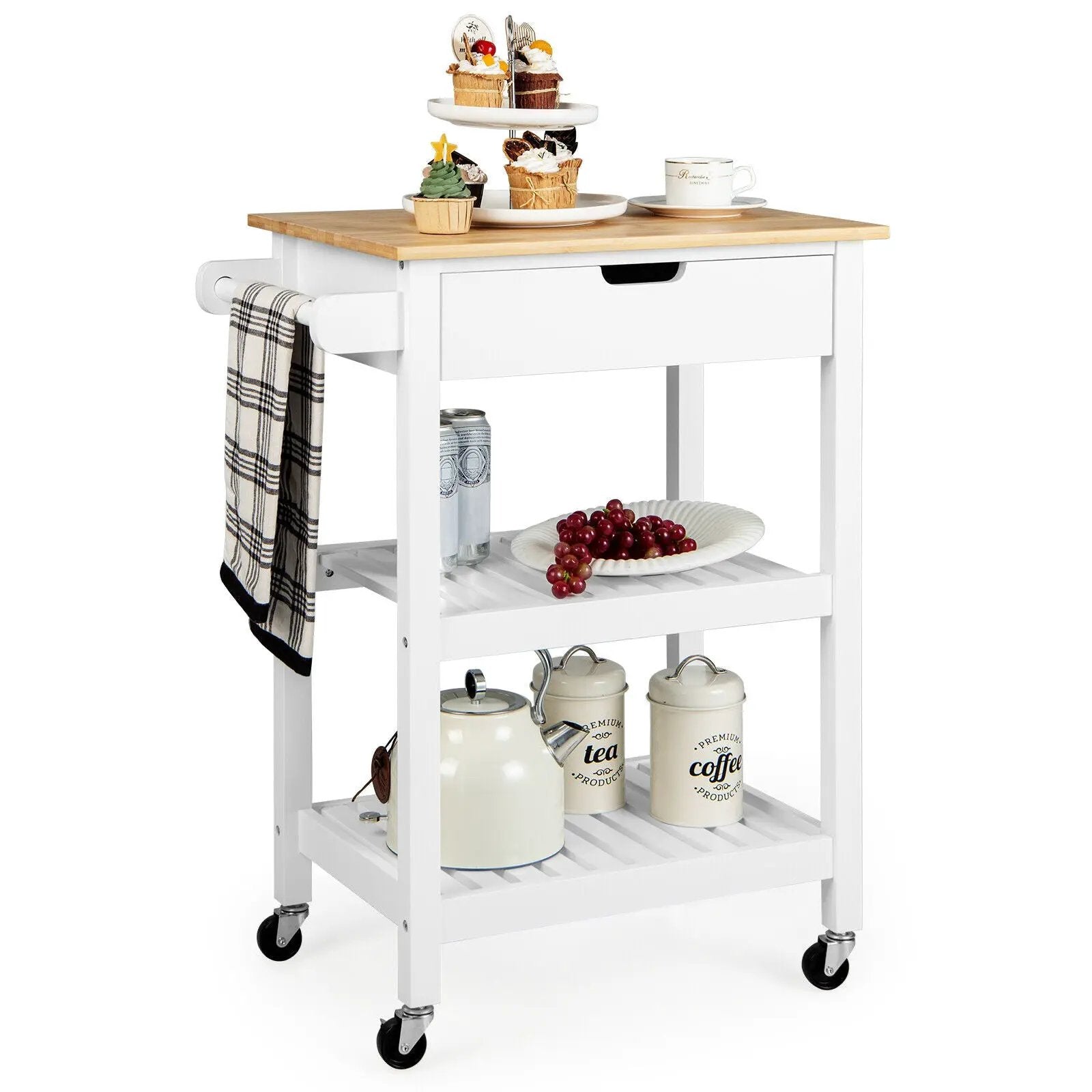 3-Tier Kitchen Island Cart Rolling Service Trolley with Bamboo Top by DirectDeals