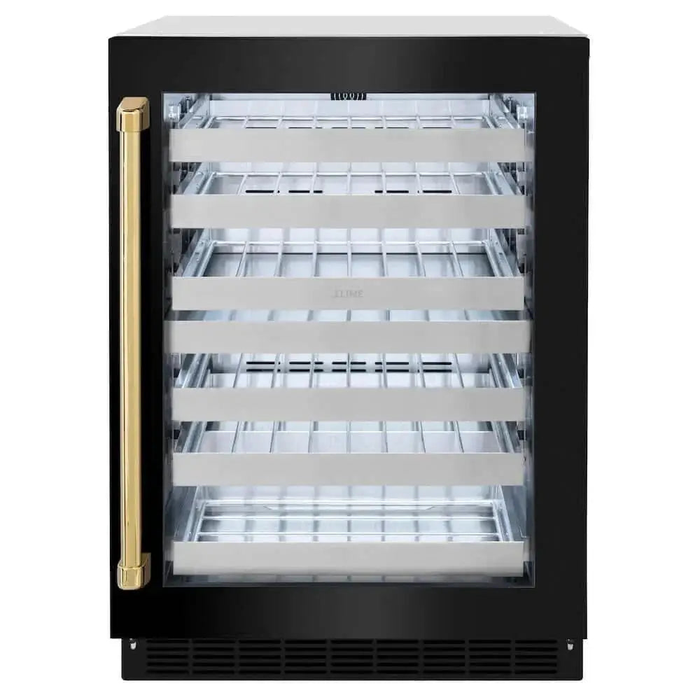 ZLINE 24" Touchstone Dual Zone 44 Bottle Wine Cooler Black Stainless Steel Glass Door Polished Gold Handle RWDOZ-BS-24-G by Farmhouse Kitchen and Bath
