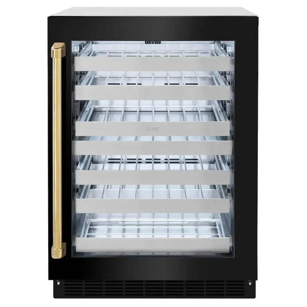 ZLINE 24" Touchstone Dual Zone 44 Bottle Wine Cooler Black Stainless Steel Glass Door Polished Gold Handle  RWDOZ-BS-24-G