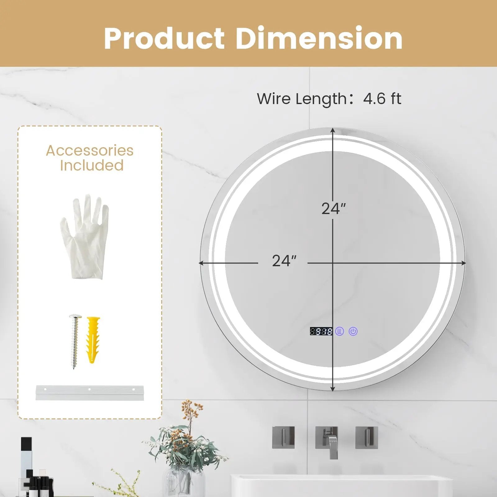 Anti-Fog Round Led Bathroom Mirror with 3 Color LED Lights by DirectDeals