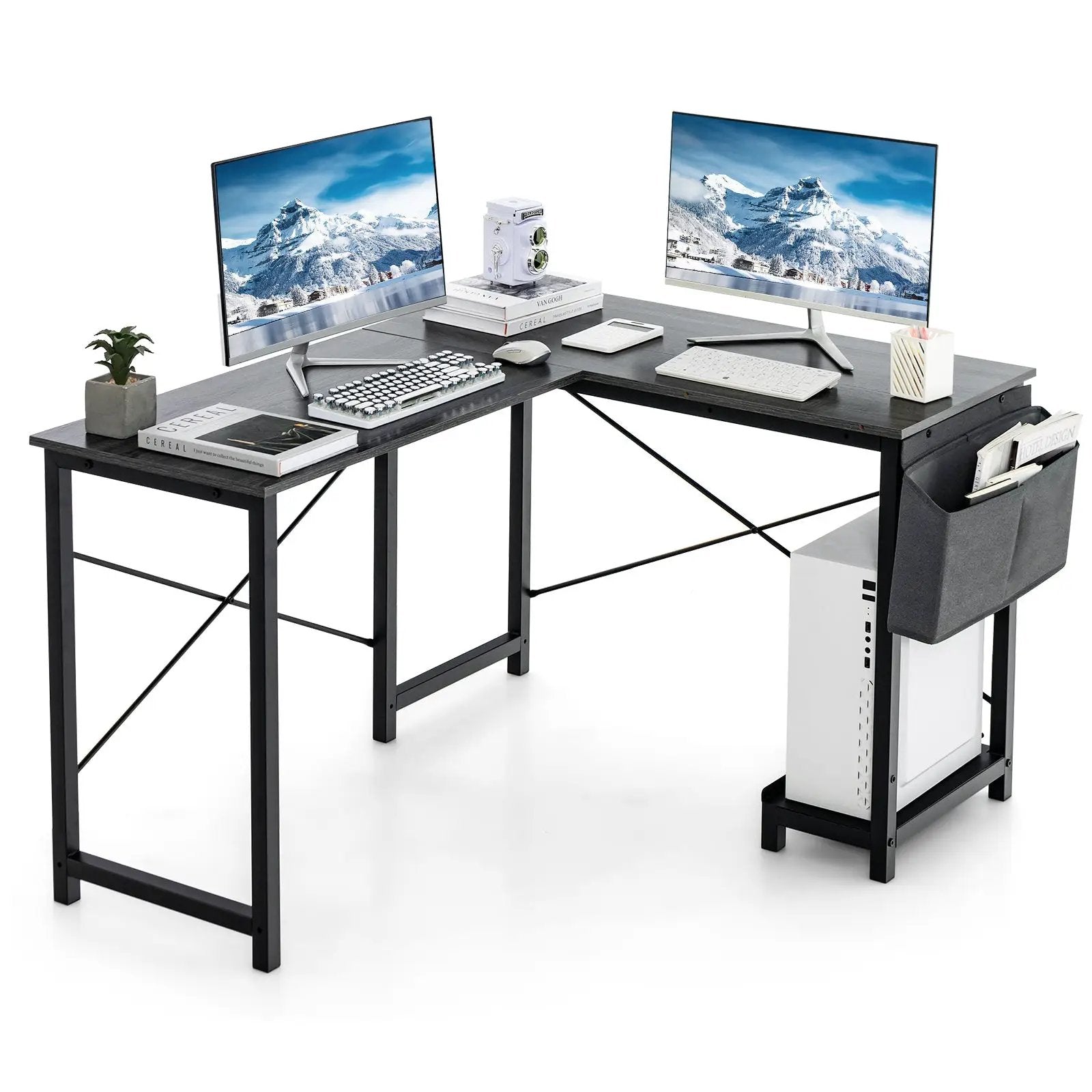 Modern Reversible Computer Desk with Storage Pocket and CPU Stand for Working Writing Gaming-Dark Gray by DirectDeals