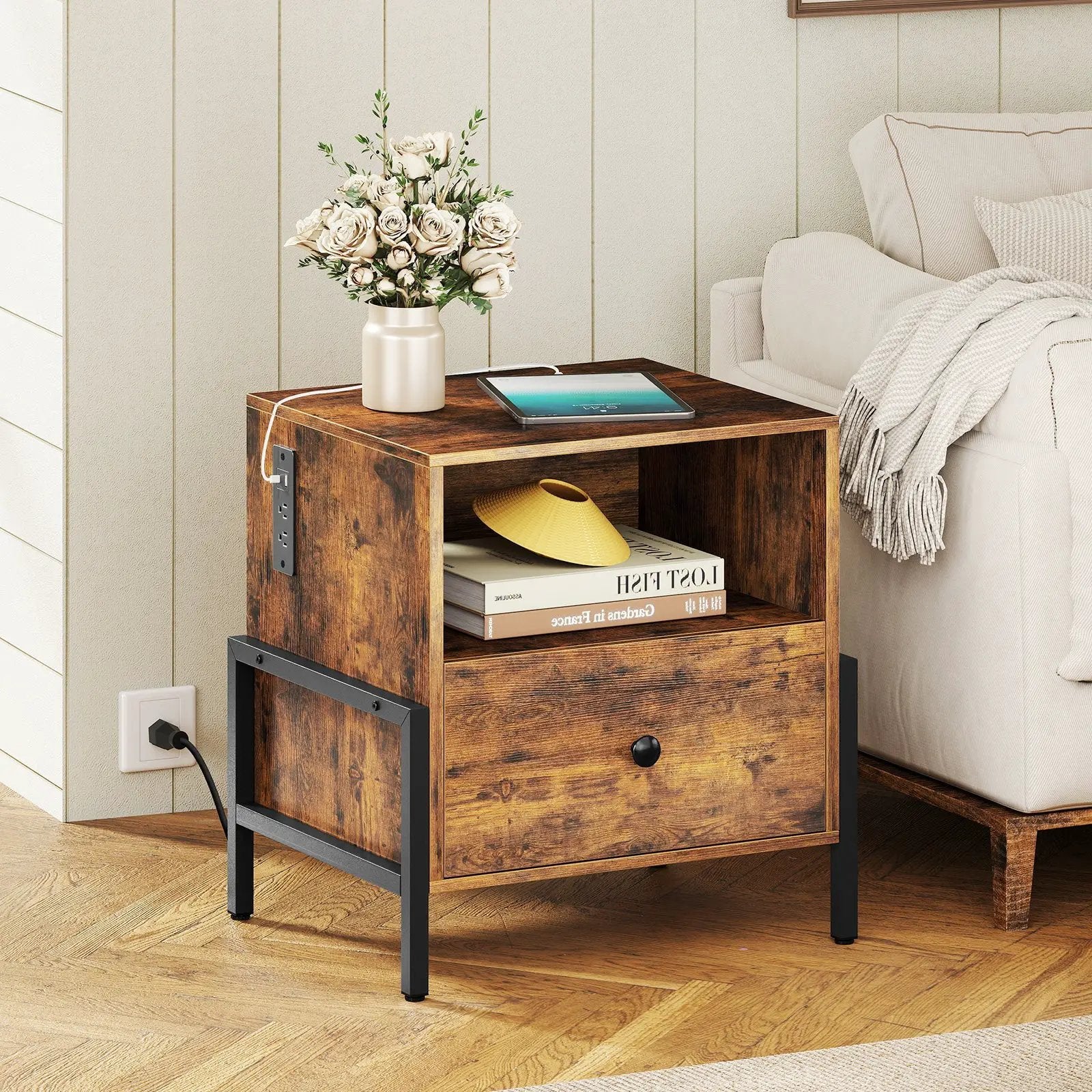Nightstand with Charging Station and Drawer Sofa Side Table-Rustic Brown by DirectDeals