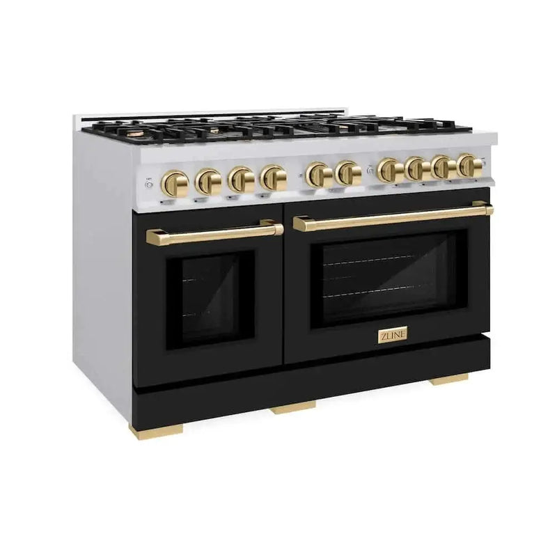 ZLINE 48" Select Gas Range Convection Gas Oven Stainless Steel Black Matte Doors Gold HGRZ-BLM-48-G by Farmhouse Kitchen and Bath