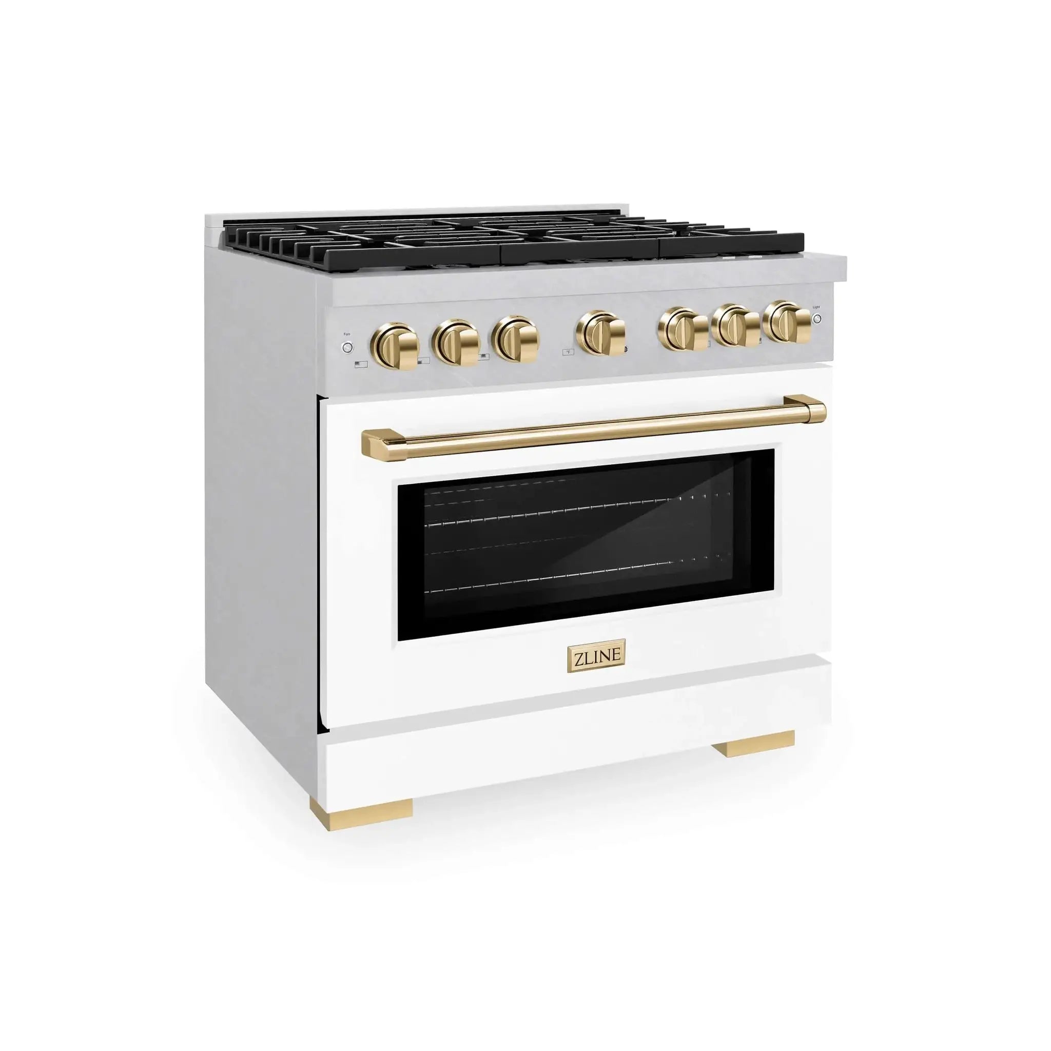ZLINE 36"Paramount Dual Fuel Range DuraSnow® White Matte, Gold SDRSZ-WM-36-G by Farmhouse Kitchen and Bath