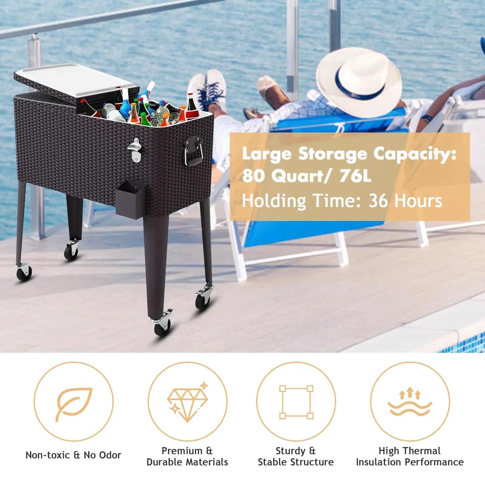 80QT Outdoor Party Portable Rattan Rolling Cooler Cart by DirectDeals