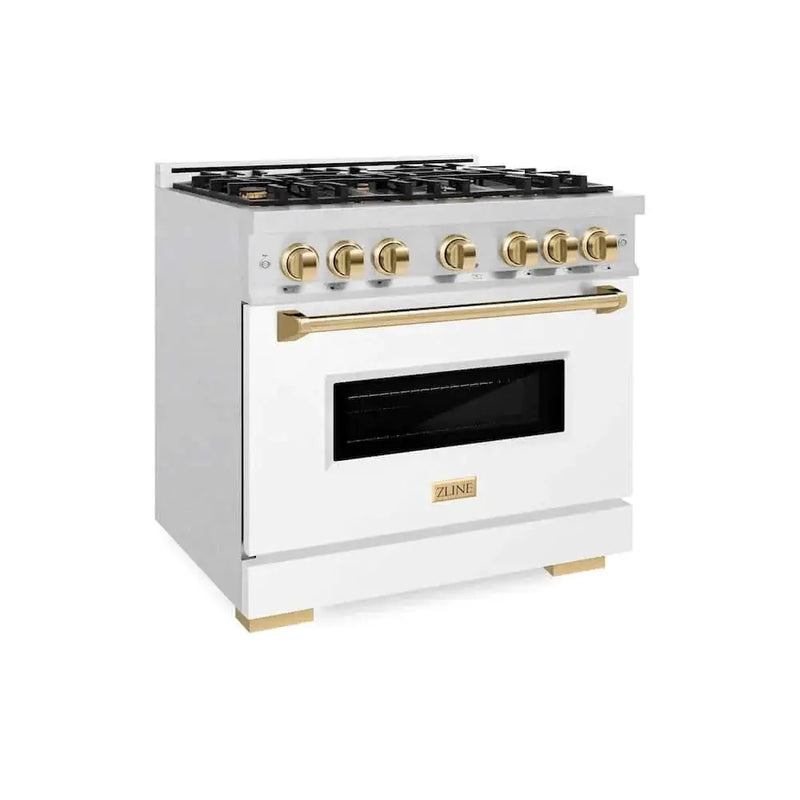 ZLINE 36"Classic Gas Range, Convection Gas Oven, DuraSnow® Stainless Steel, White Matte Door Polished Gold CGRSZ-WM-36-G by Farmhouse Kitchen and Bath