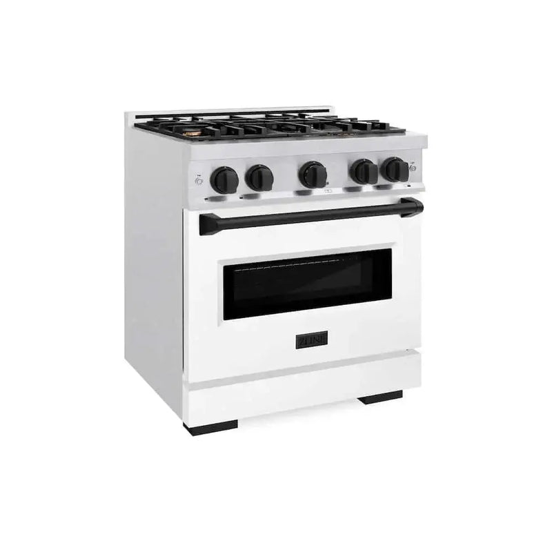 ZLINE 30"Classic Gas Range, Convection Gas Oven, DuraSnow® Stainless Steel, White Matte Door Matte Black CGRSZ-WM-30-MB by Farmhouse Kitchen and Bath