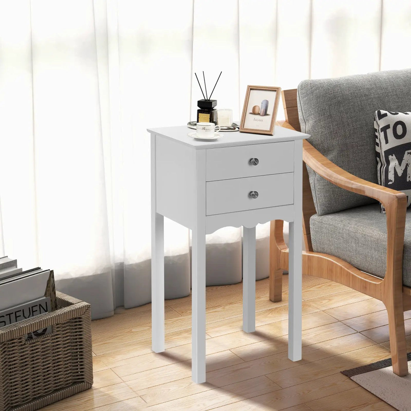 Side Table End Accent Table with 2 Drawers-White by DirectDeals