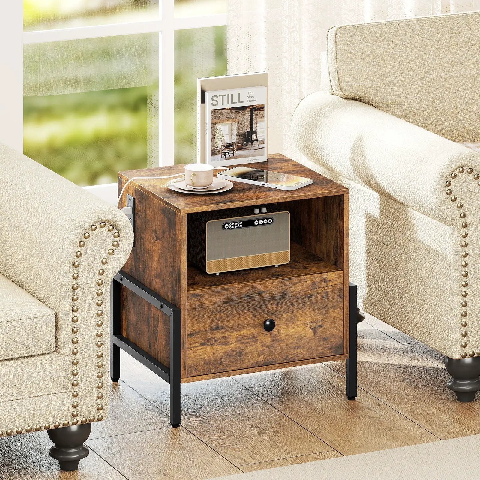 Nightstand with Charging Station and Drawer Sofa Side Table-Rustic Brown by DirectDeals
