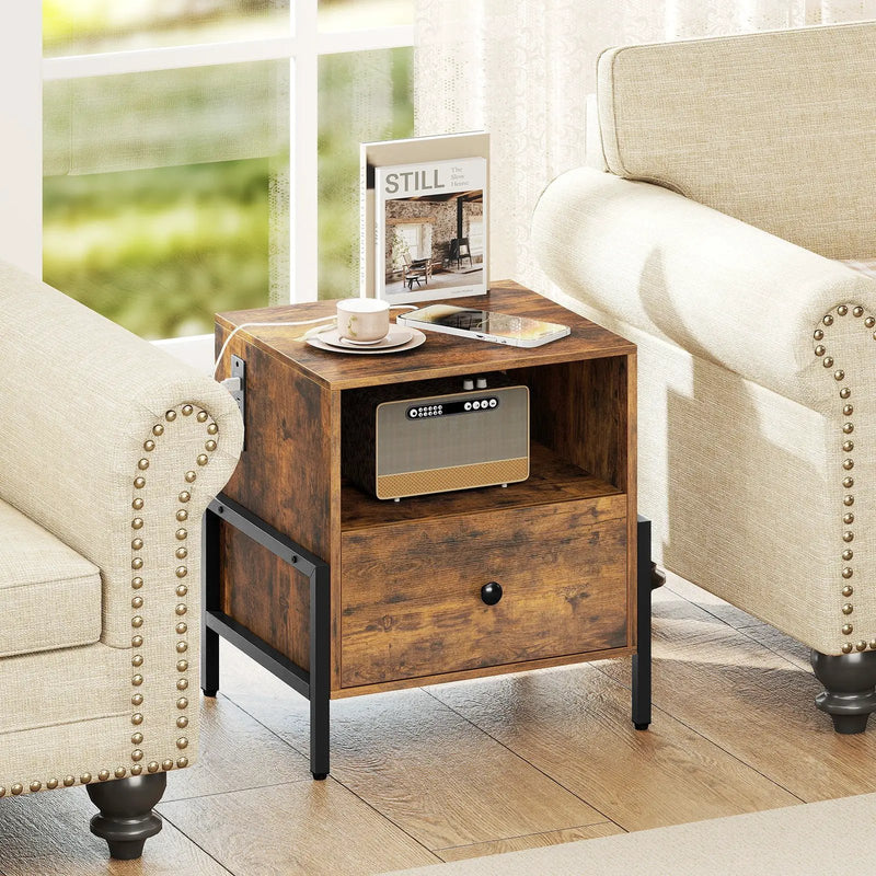 Nightstand with Charging Station and Drawer Sofa Side Table-Rustic Brown by DirectDeals