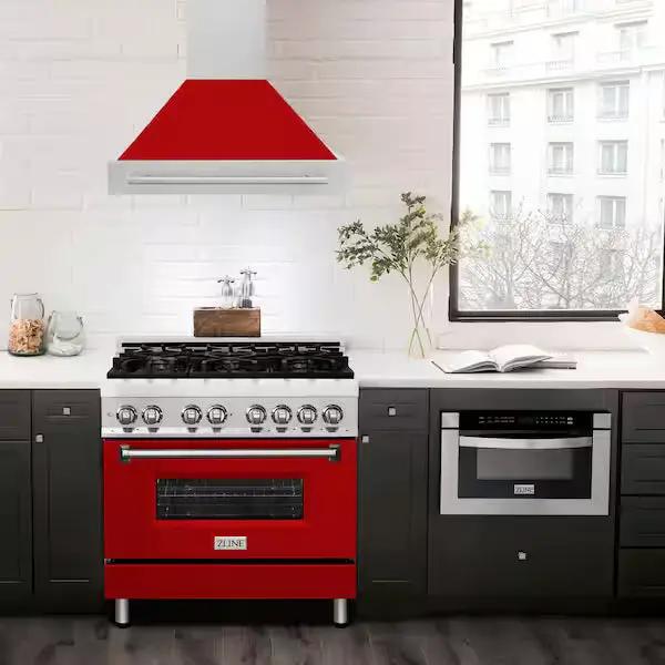 ZLINE 36" Autograph Stainless Red Gloss Wall Range Hood 8654STX-RG-36 by Farmhouse Kitchen and Bath