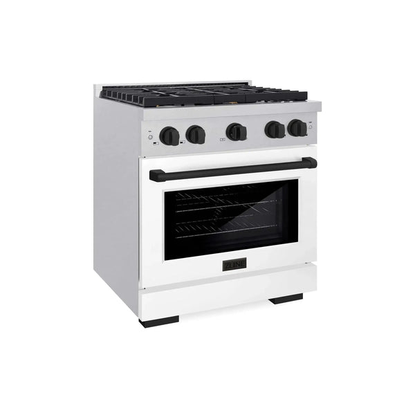 ZLINE 30"Paramount Dual Fuel Range DuraSnow® White Matte, Matte Black SDRSZ-WM-30-MB