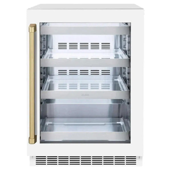 ZLINE 24" Touchstone 151 Can Beverage Fridge White Matte Glass Door Champagne Bronze Handle RBSOZ-WM-24-CB