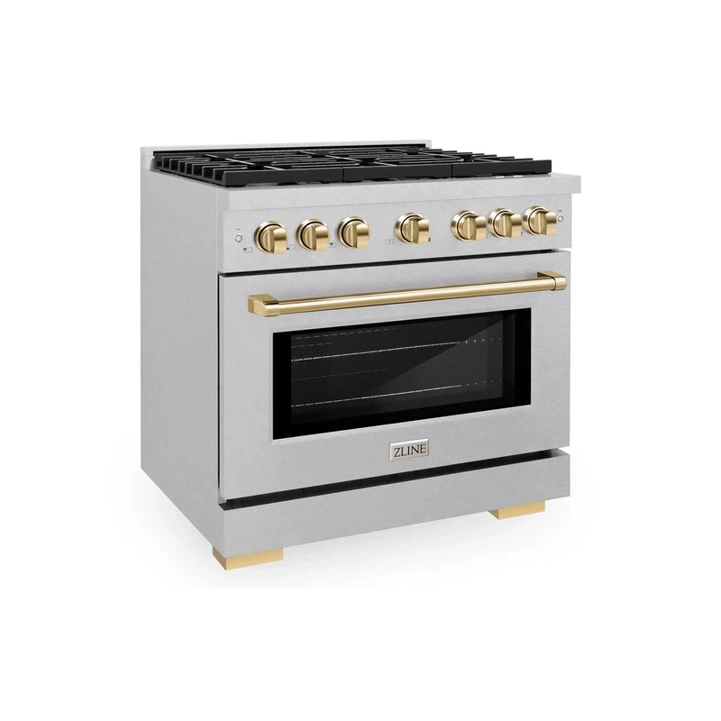 ZLINE 36"Paramount Dual Fuel Range DuraSnow® Gold SDRSZ-36-G by Farmhouse Kitchen and Bath