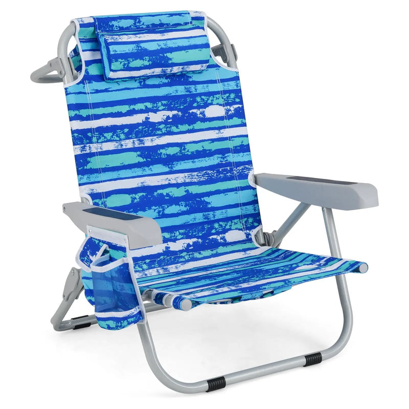 1 Piece Foldable Backpack Beach Chair with Cup Holder and Storage Pockets for Outdoor by DirectDeals