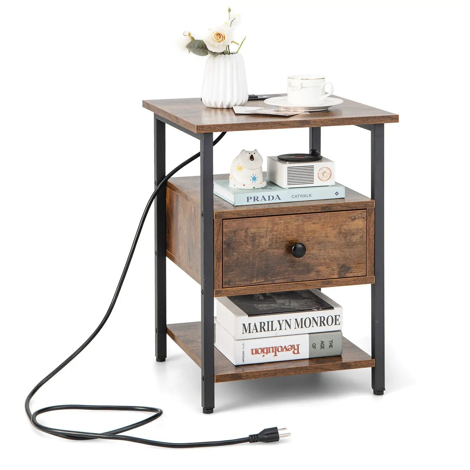 1/2 Pieces 3-Tier Nightstand with Charging Station and Drawer by DirectDeals