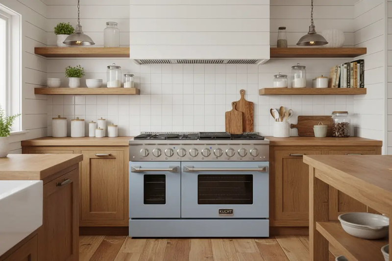 Kucht 48" Propane Range in Stainless Steel, Light Blue Doors, KNG481/LP-LB by Farmhouse Kitchen and Bath