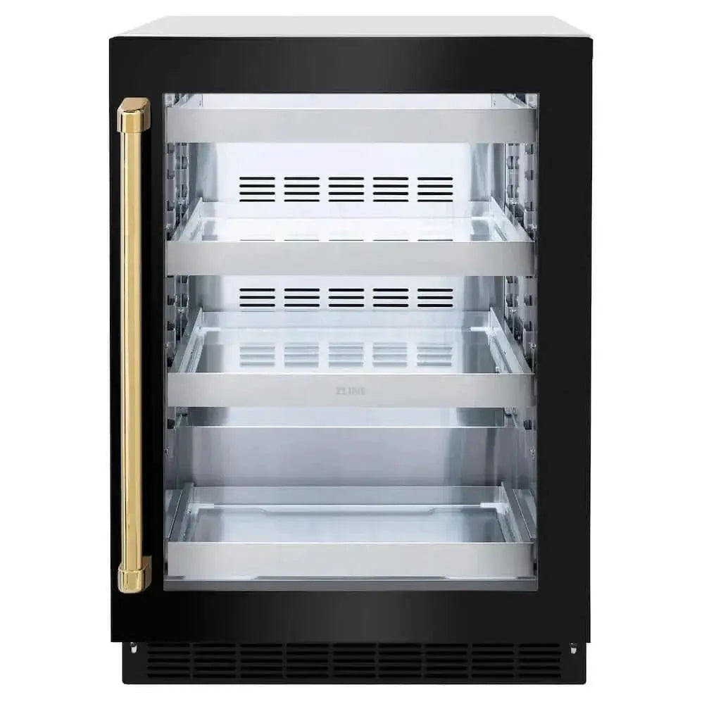 ZLINE 24" Touchstone 151 Can Beverage Fridge Black Stainless Steel Glass Door Gold Handle RBSOZ-BS-24-G by Farmhouse Kitchen and Bath