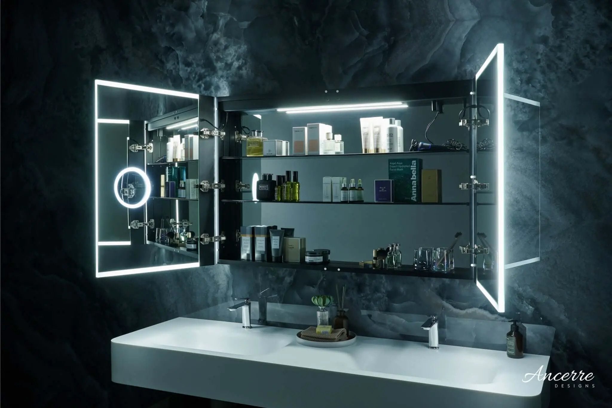 Pagani LED Mirror Cabinet with Defogger, Dimmer, Magnifier & USB outlet by Ancerre Designs