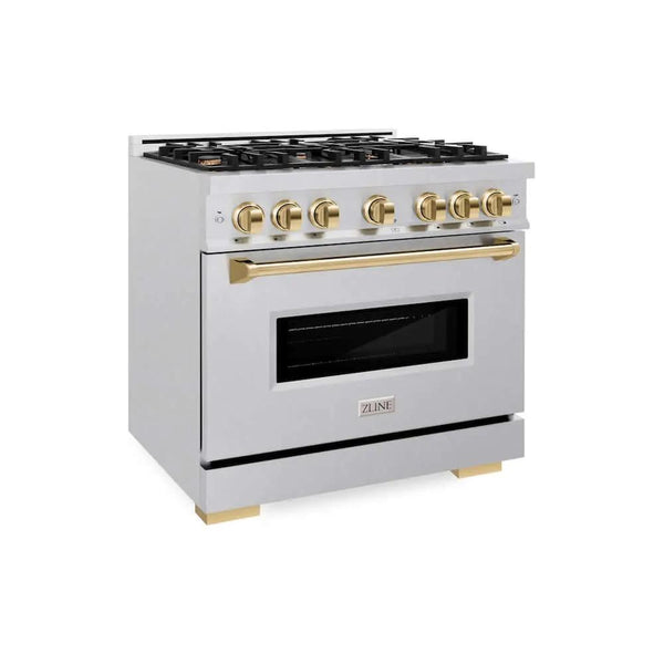 ZLINE 36" Classic Gas Range, Convection Gas Oven DuraSnow® Stainless Steel, Gold CGRSZ-36-G