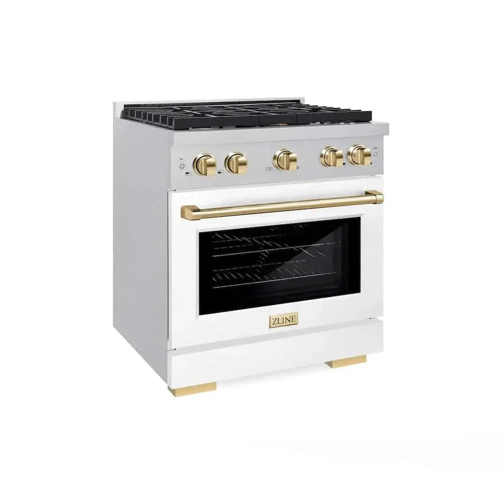 ZLINE 30"Gas Range, Convection Gas Oven, DuraSnow® White Matte, Gold SGRSZ-WM-30-G by Farmhouse Kitchen and Bath