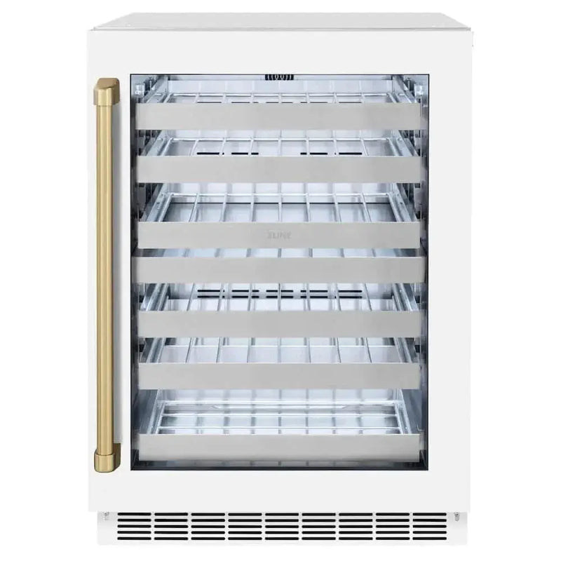ZLINE 24" Touchstone Dual Zone 44 Bottle Wine Cooler White Matte Glass Door Champagne Bronze Handle RWDOZ-WM-24-CB by Farmhouse Kitchen and Bath