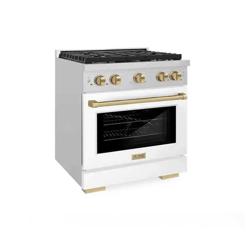 ZLINE 30"Paramount Dual Fuel Range White Matte Champagne Bronze SDRZ-WM-30-CB by Farmhouse Kitchen and Bath
