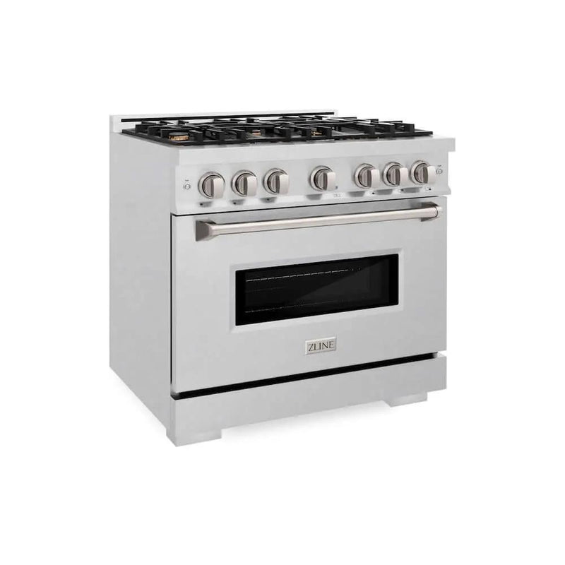 ZLINE 36" Dual Fuel Range, Gas Cooktop, Electric Convection Oven DuraSnow® Stainless Steel, Brass Burners CDRS-BR-36 by Farmhouse Kitchen and Bath