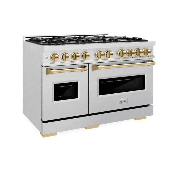 ZLINE 48" Dual Fuel Range, Gas Cooktop, Electric Convection Oven DuraSnow® Stainless Steel, Gold CDRSZ-48-G