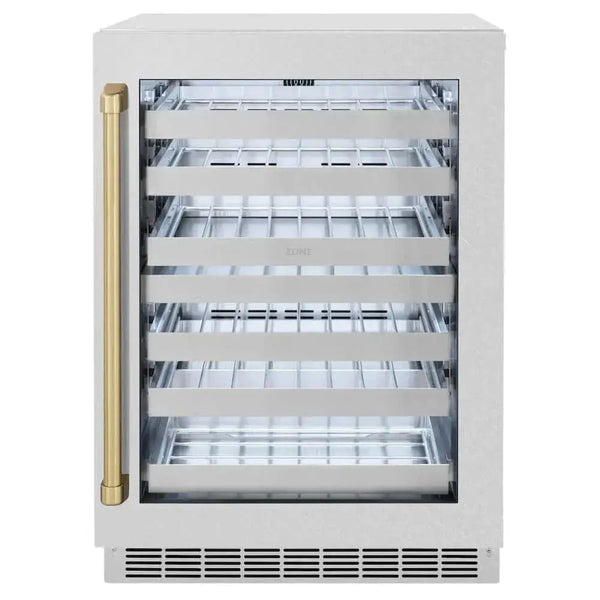 ZLINE 24" Touchstone Dual Zone 44 Bottle Wine Cooler DuraSnow® Stainless Steel Glass Door Champagne Bronze Handle RWDOZ-SN-24-CB