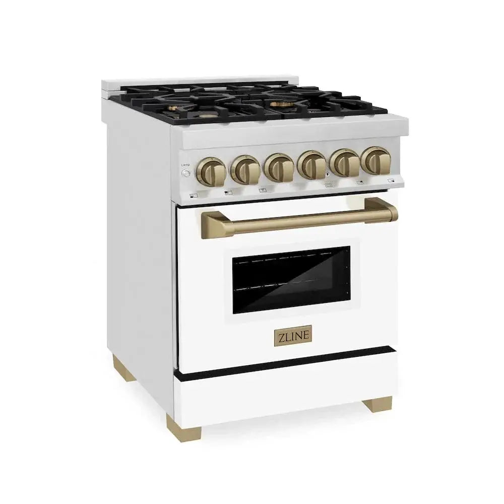 ZLINE 24" Autograph Dual Fuel Range, White Door, Bronze RAZ-WM-24-CB by Farmhouse Kitchen and Bath