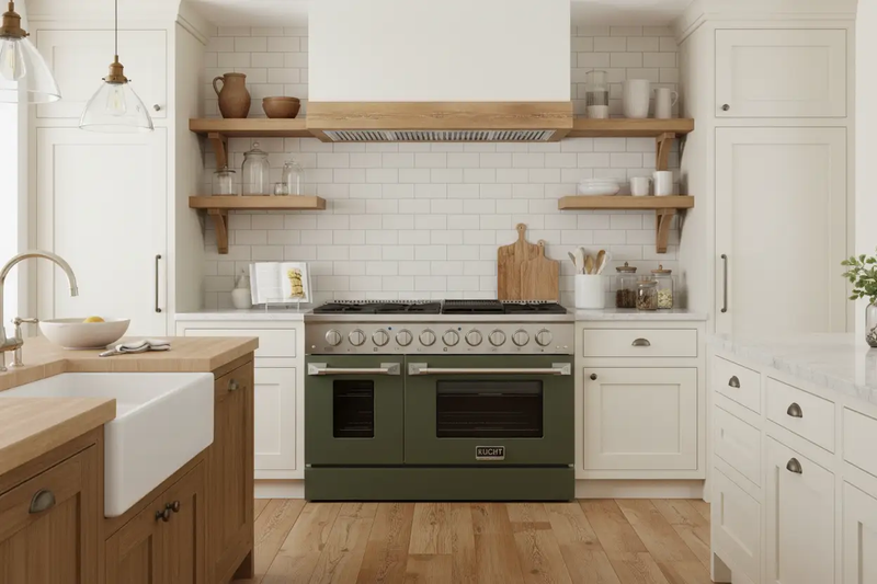 Kucht 48" Propane Range in Stainless Steel, Olive Green Doors, KNG481/LP-OG by Farmhouse Kitchen and Bath