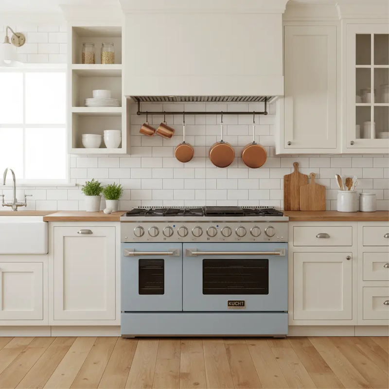 Kucht 48" Gas Range in Stainless Steel with Light Blue Oven Doors, KNG481-LB by Farmhouse Kitchen and Bath