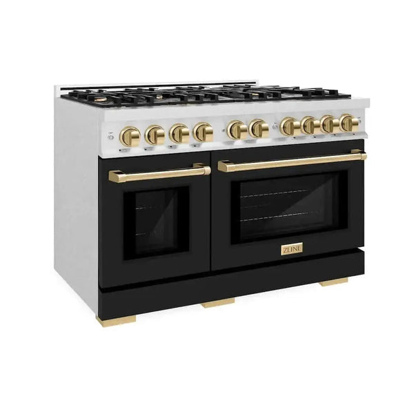 ZLINE 48" Select Gas Range  Convection Gas Oven DuraSnow® Stainless Steel Black Matte Door Gold HGRSZ-BLM-48-G