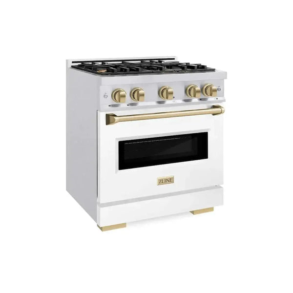 ZLINE 30"Classic Gas Range, Convection Gas Oven, DuraSnow® Stainless Steel, White Matte Door Champagne Bronze CGRSZ-WM-30-CB