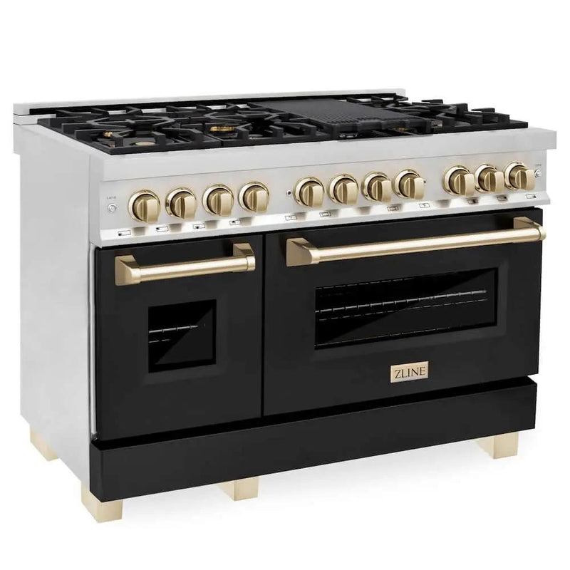 ZLINE 48" Autograph Dual Fuel Range, Black, Gold, RAZ-BLM-48-G by Farmhouse Kitchen and Bath