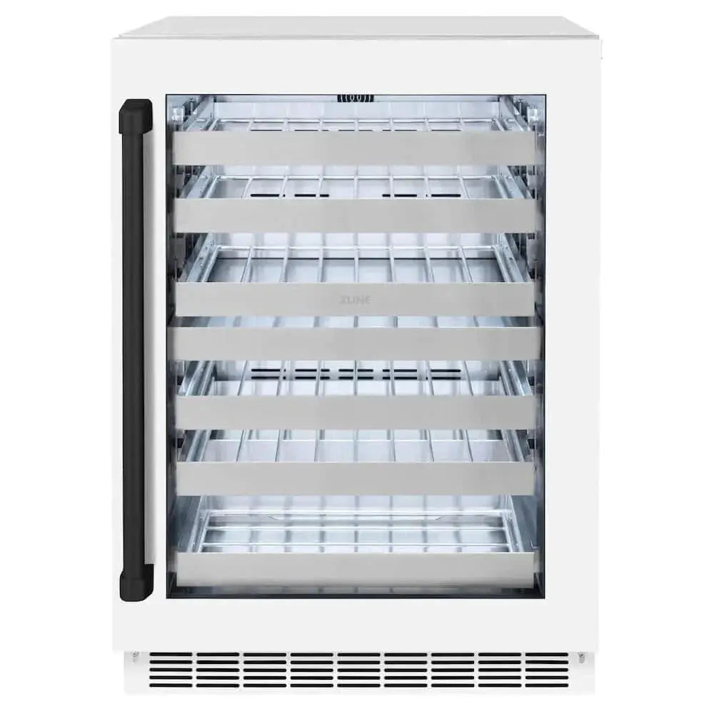 ZLINE 24" Touchstone Dual Zone 44 Bottle Wine Cooler White Matte Glass Door Matte Black Handle RWDOZ-WM-24-MB by Farmhouse Kitchen and Bath