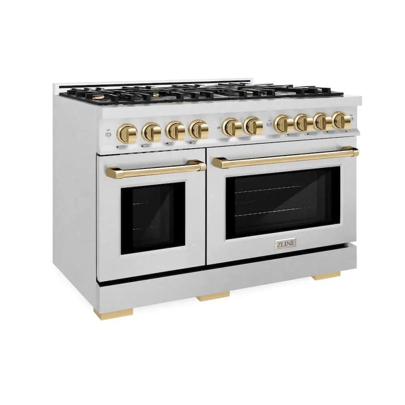 ZLINE 48" Select Dual Fuel Range Gas Cooktop Electric Convection Oven DuraSnow® Stainless Steel Gold HDRSZ-48-G by Farmhouse Kitchen and Bath