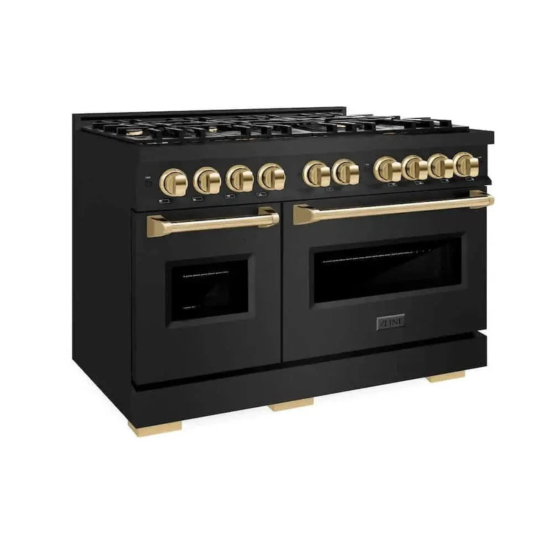 ZLINE 48" Dual Fuel Range, Gas Cooktop, Electric Convection Oven Black Stainless Steel, Gold CDRBZ-48-G by Farmhouse Kitchen and Bath