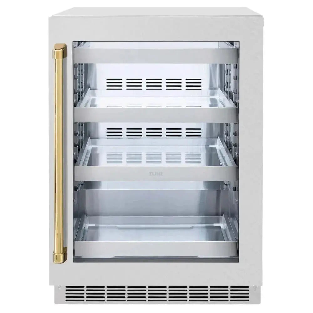 ZLINE 24" Touchstone 151 Can Beverage Fridge DuraSnow® Stainless Steel Glass Door Polished Gold Handle RBSOZ-SN-24-G by Farmhouse Kitchen and Bath