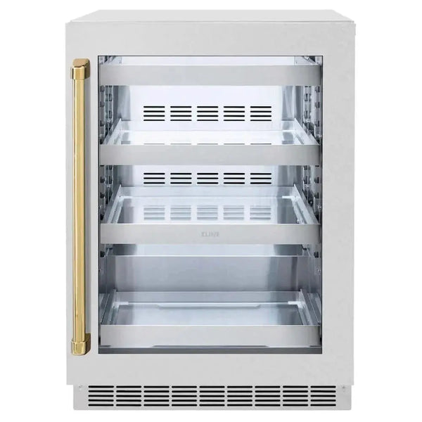 ZLINE 24" Touchstone 151 Can Beverage Fridge DuraSnow® Stainless Steel Glass Door Polished Gold Handle RBSOZ-SN-24-G