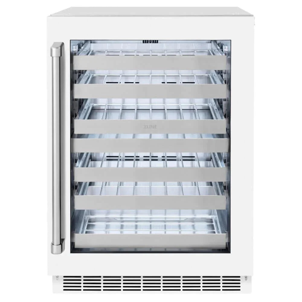 ZLINE 24" Touchstone Dual Zone 44 Bottle Wine Cooler White Matte Glass Door RWDO-WM-24 by Farmhouse Kitchen and Bath